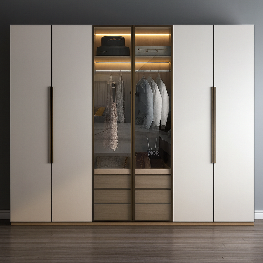 Contemporary 4-Door Wardrobe with Glass Display Center