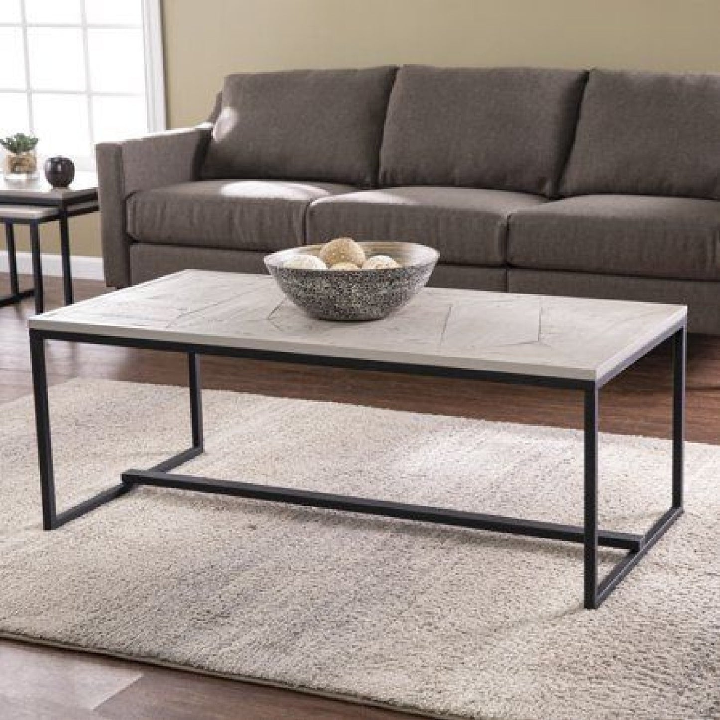 Modern Geometric Parquet Center Table with Matte Metal Frame