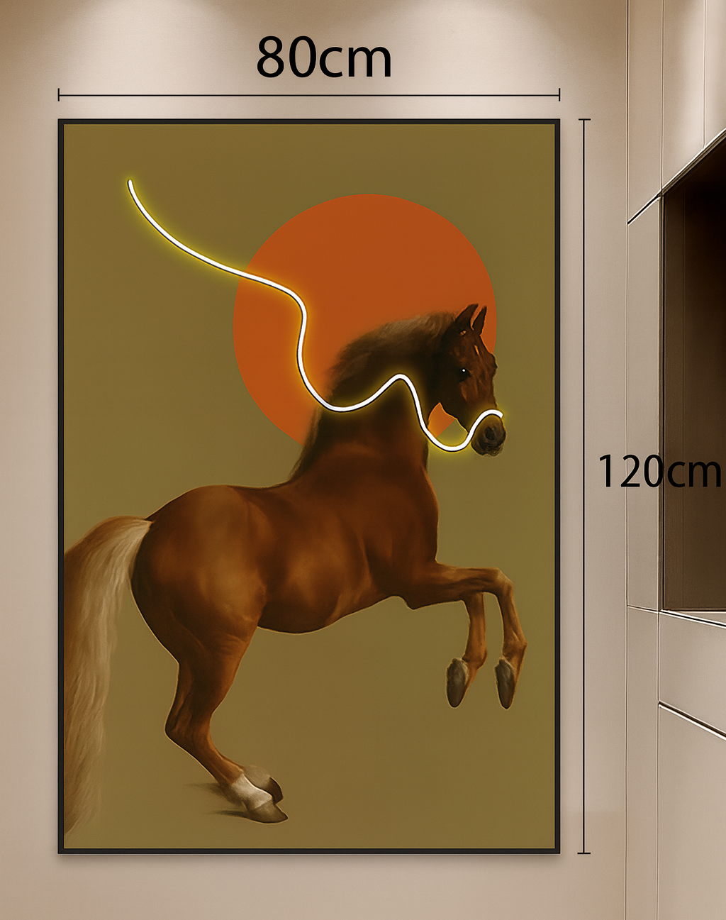 Modern contemporary, neo-classical, and minimalist luxury,traditional equestrian art with futuristic neon accents