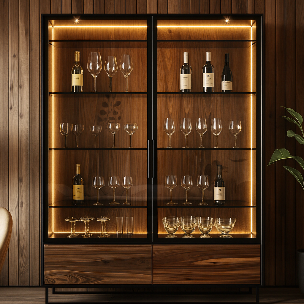 Modern Walnut Glass-Door Bar Cabinet