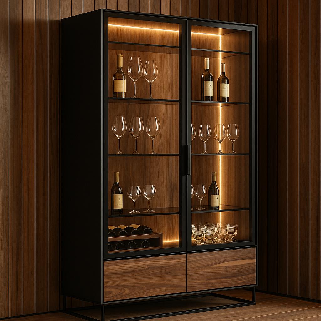 Modern Walnut Glass-Door Bar Cabinet