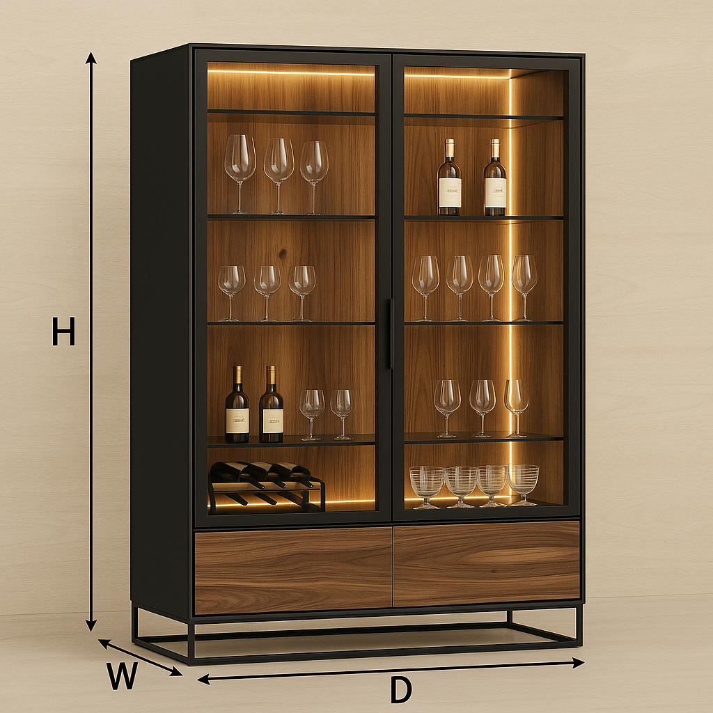 Modern Walnut Glass-Door Bar Cabinet