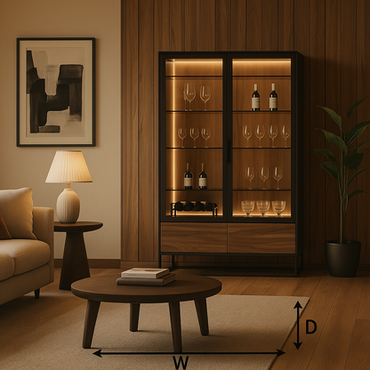 Modern Walnut Glass-Door Bar Cabinet