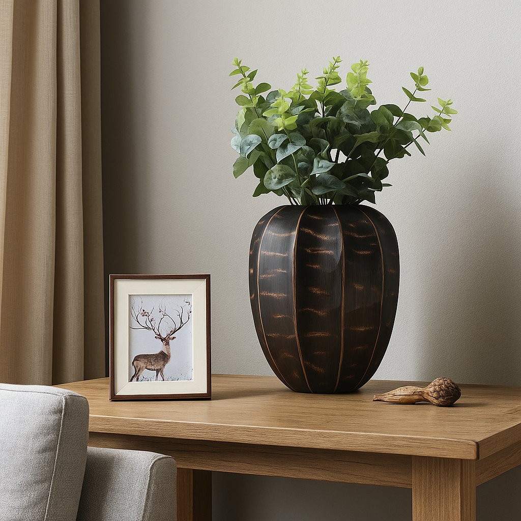 Rustic, tribal-inspired, and contemporary artisan,Organic, Rounded Shape with Vertical Grooves