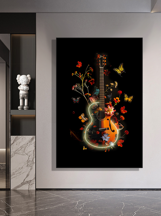 Modern artistic, neon fusion, and musical botanical,music, nature, and illuminated elements