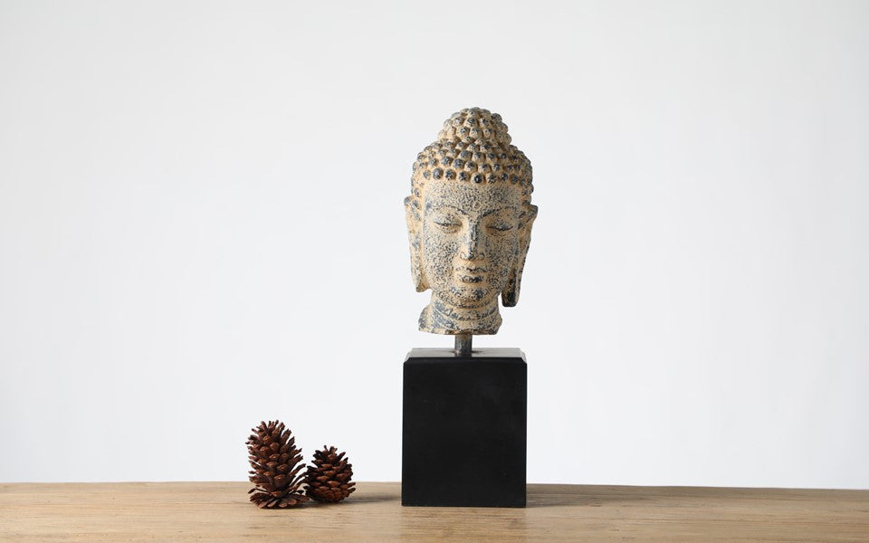 Buddha head sculpture on a stand, Zen, Asian-inspired, and Rustic décor styles,