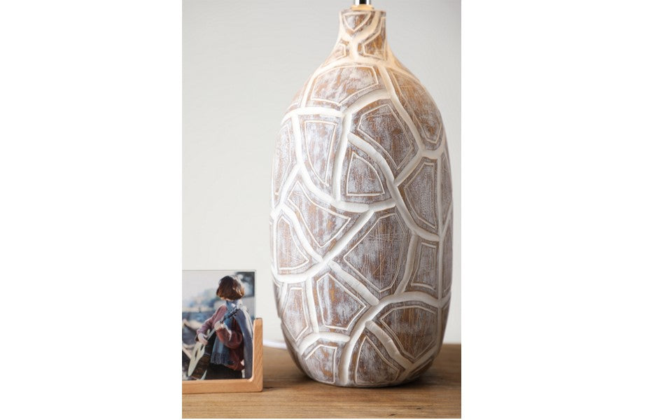 Rustic, organic, and bohemian-inspired design Textured, Carved Base, lamp