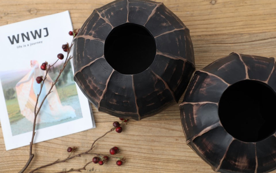 Rustic, tribal-inspired, and contemporary artisan,Organic, Rounded Shape with Vertical Grooves