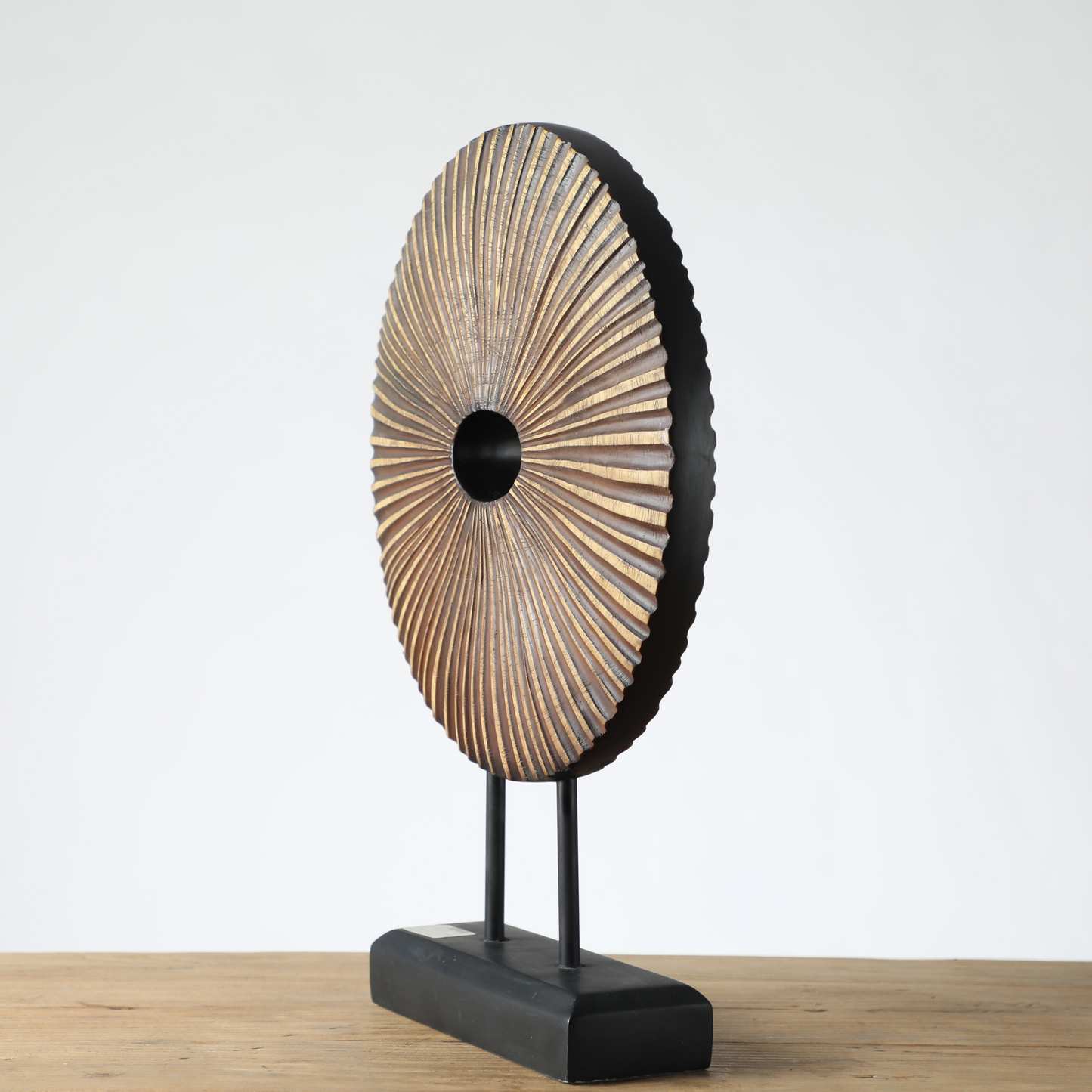 Modern Sunburst Wooden Sculpture on Stand – Decorative Tabletop Art Accent