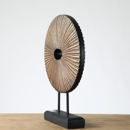 Modern Sunburst Wooden Sculpture on Stand – Decorative Tabletop Art Accent