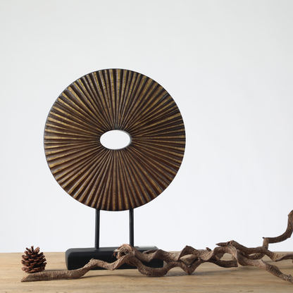 Modern Sunburst Wooden Sculpture on Stand – Decorative Tabletop Art Accent