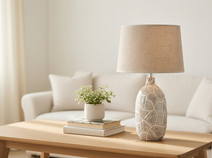 Rustic, organic, and bohemian-inspired design Textured, Carved Base, lamp