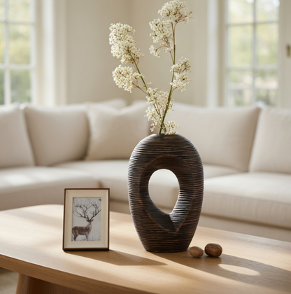 Modern sculptural, organic, and tribal-inspired,Abstract, Open-Circle Form, Vase