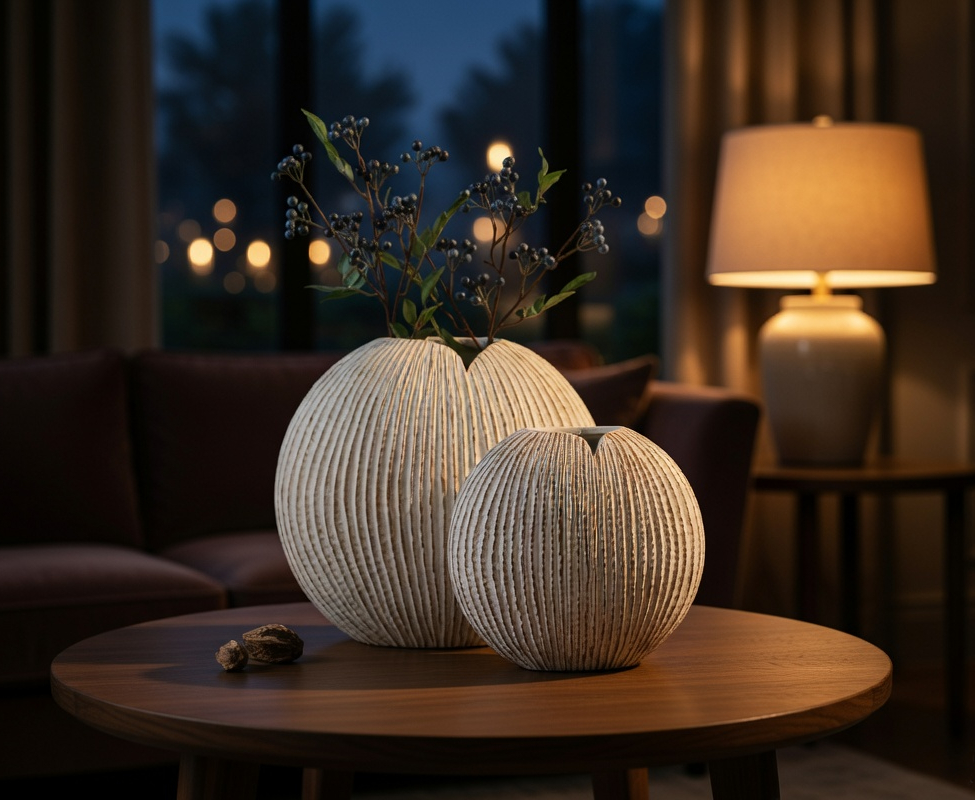 Coastal, organic Modern, and Rustic-inspired,Textured, Ribbed Surface, vase
