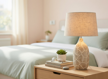Rustic, organic, and bohemian-inspired design Textured, Carved Base, lamp