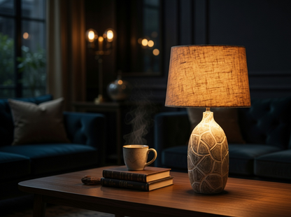 Rustic, organic, and bohemian-inspired design Textured, Carved Base, lamp