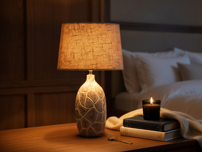 Rustic, organic, and bohemian-inspired design Textured, Carved Base, lamp