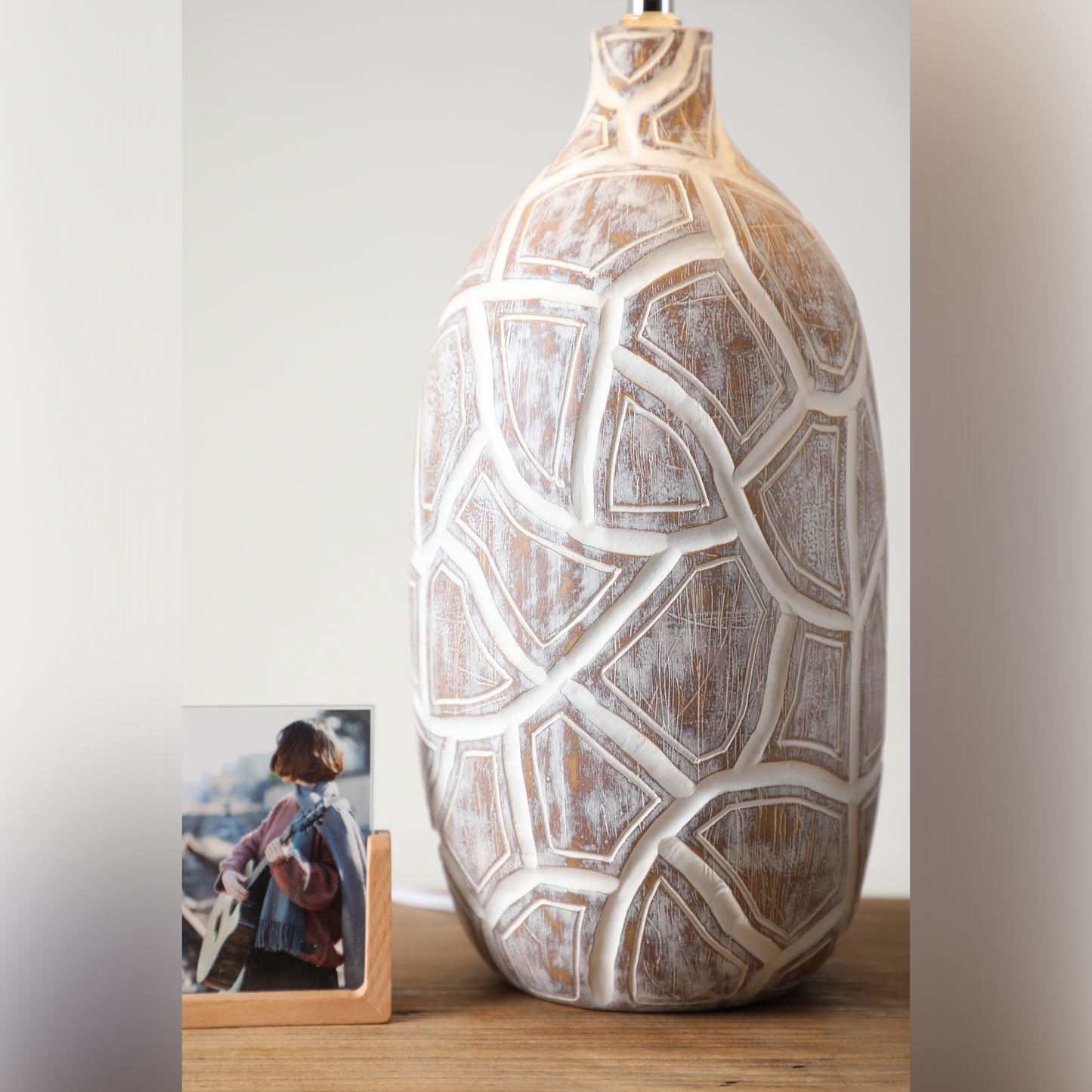 Rustic, organic, and bohemian-inspired design Textured, Carved Base, lamp