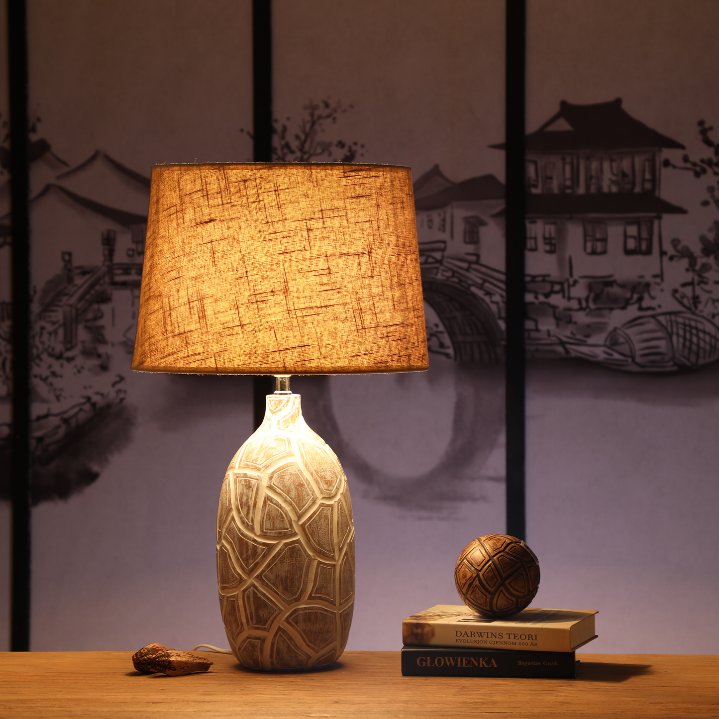 Rustic, organic, and bohemian-inspired design Textured, Carved Base, lamp