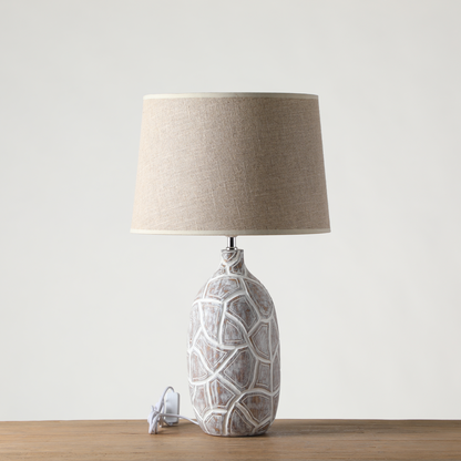 Rustic, organic, and bohemian-inspired design Textured, Carved Base, lamp
