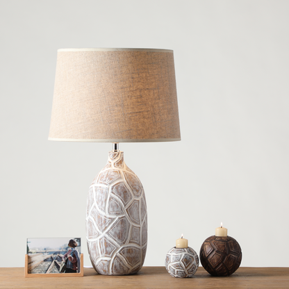 Rustic, organic, and bohemian-inspired design Textured, Carved Base, lamp