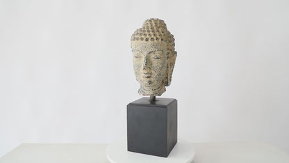 Buddha head sculpture on a stand, Zen, Asian-inspired, and Rustic décor styles,
